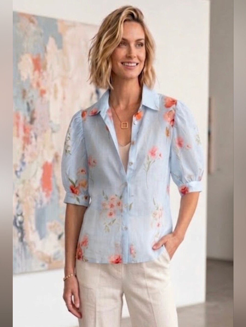 NWT Lucky & Coco Light Blue Floral Puff-Sleeve Button-Down Shirt Women Sz S.